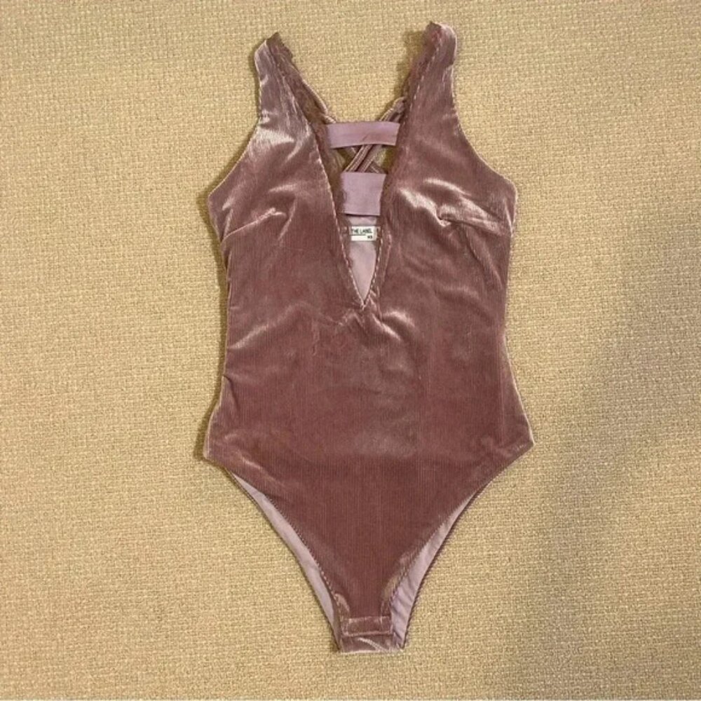 Urban Outfitters Pink Velvet Cross Back Bodysuit Lace Detail Women’s Extra Small